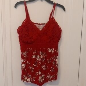 Red Floral Crochet Tank Top, adjustable straps, Large